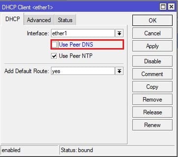 Отключение динамического DNS для DHCP клиента в MikroTik